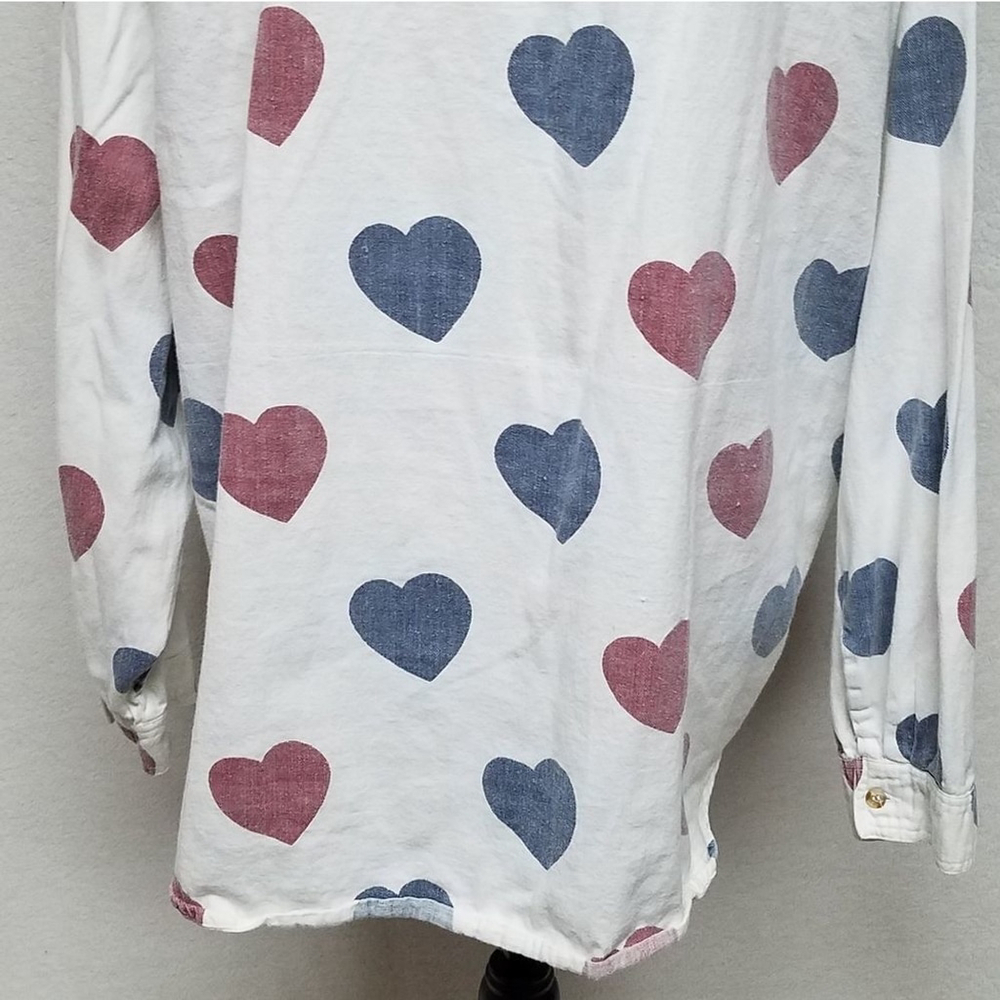 Vintage 80s Carolina Colours 11 White Blue Red Heart Denim V-neck Button Up Top - Picture 10 of 13